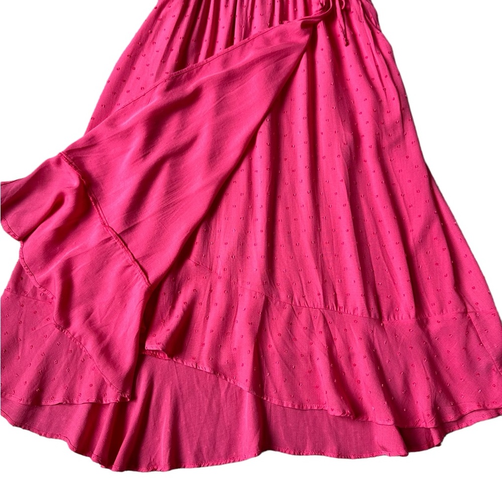 TORRID pink swiss dot faux wrap split skirt short sleeve midi dress sz 00(10/M) - Picture 7 of 11